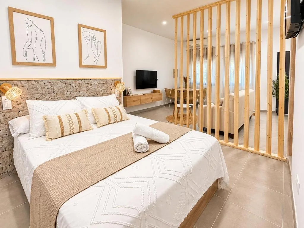 Cama doble con cabecero de madera y televisión del Estudio Don Pedro II Bajo
